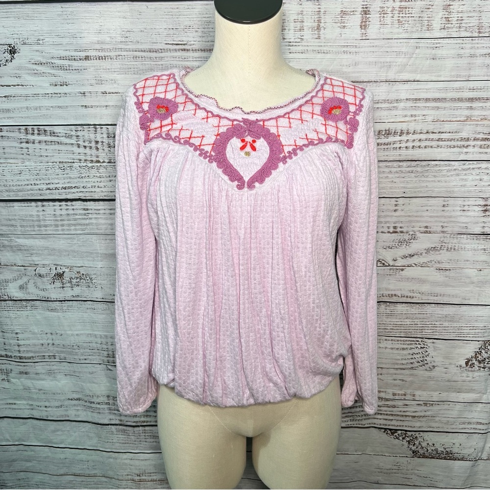 Free People XS Begonia Embroidered Top Oversized Pink‎ Boho Blouse Viscose Linen